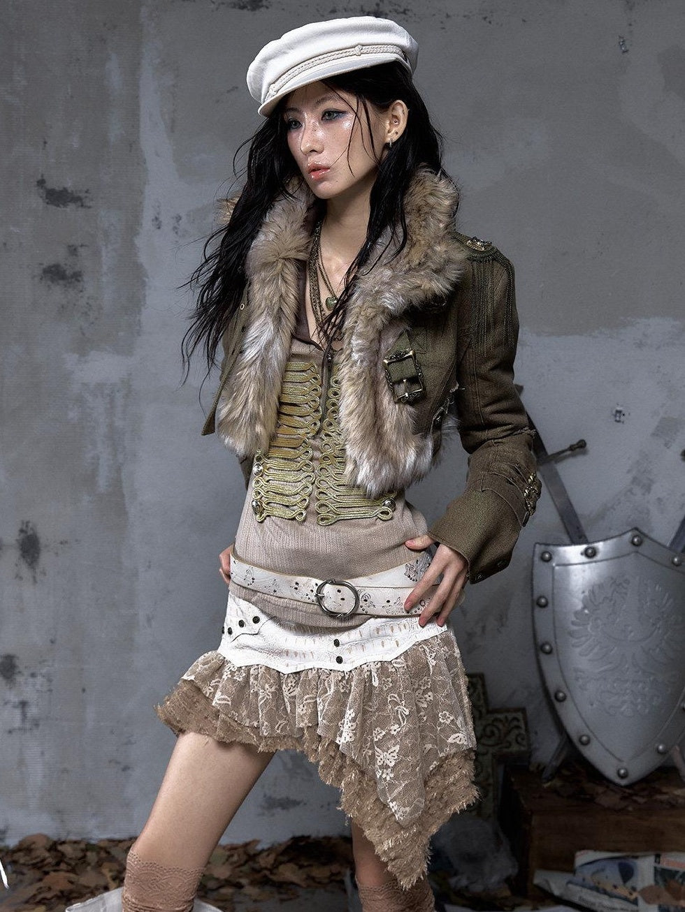 NO ROMANCE Distressed Vintage Slim Fit Cropped Long Sleeve Women Gold Khaki Casual Jackets