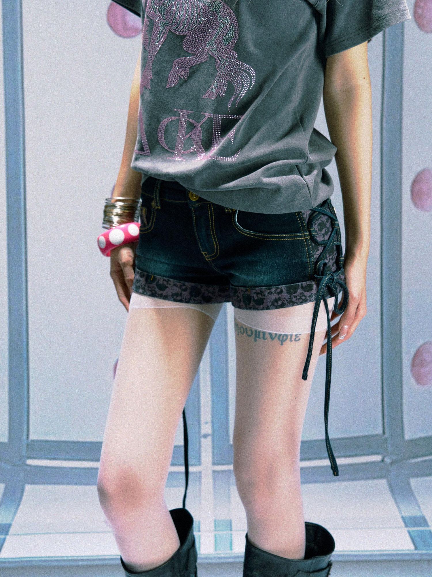 PAIKI Patchwork Studded Low Waist Pink Leopard Oxford Women Micro Stretch Denim Shorts