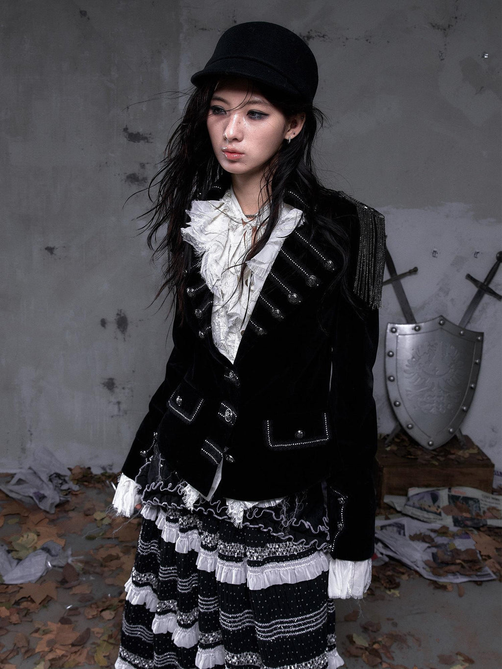 NO ROMANCE Light Fleece Lined Fitted Waist Button Long Sleeve Black Cropped Jackets