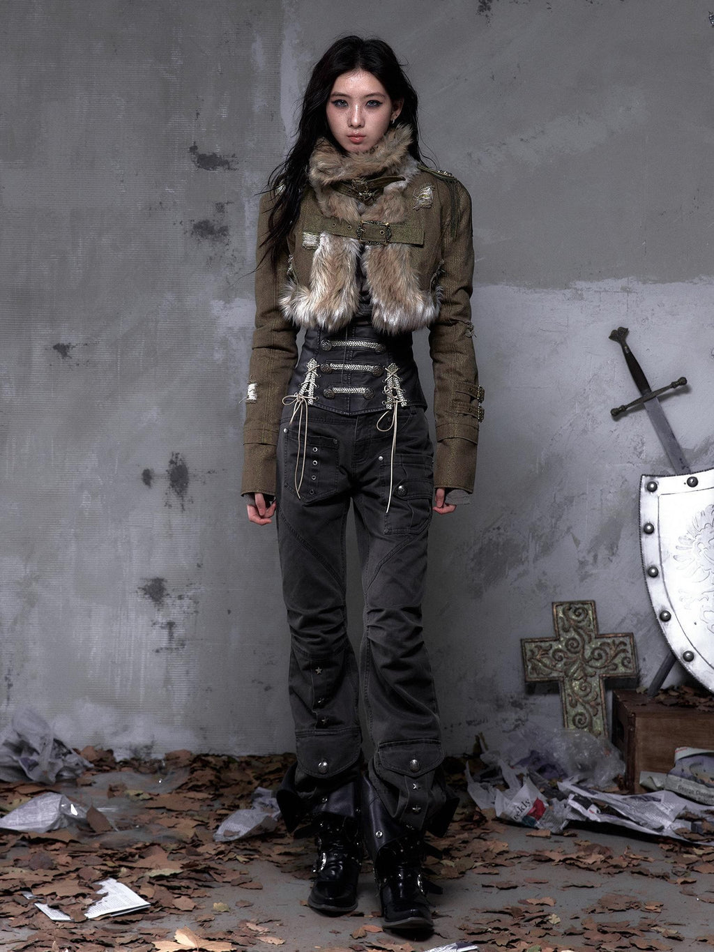 NO ROMANCE Pleated Button Mid Low Rise Subtle Flare Dark Grunge Women Chinos