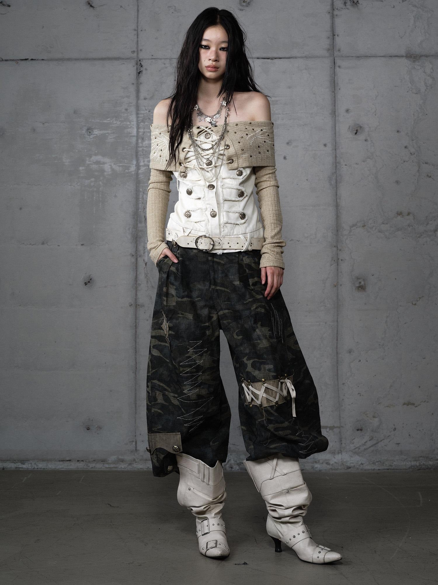 NO ROMANCE Vintage Patchwork Rhinestone Knit Women Washed Gray Long Sleeve T-Shirts