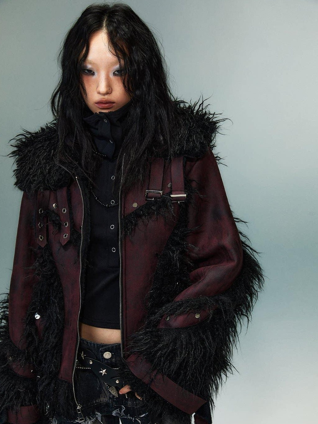 Frustration Garden Warm Oversized Original Zip Patchwork Faux Fur Studs Women Casual Jackets