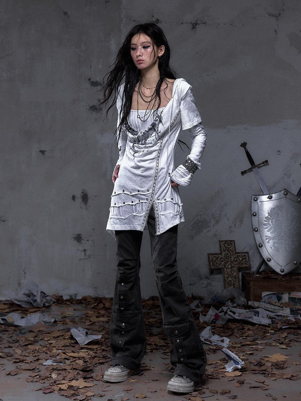 NO ROMANCE Pleated Button Mid Low Rise Subtle Flare Dark Grunge Women Chinos