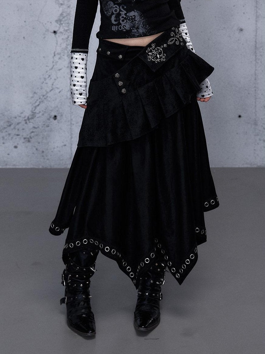 NO ROMANCE Edgy Asymmetrical High Waist A Line Loose Gothic Pu Suede Patchwork Maxi Skirts