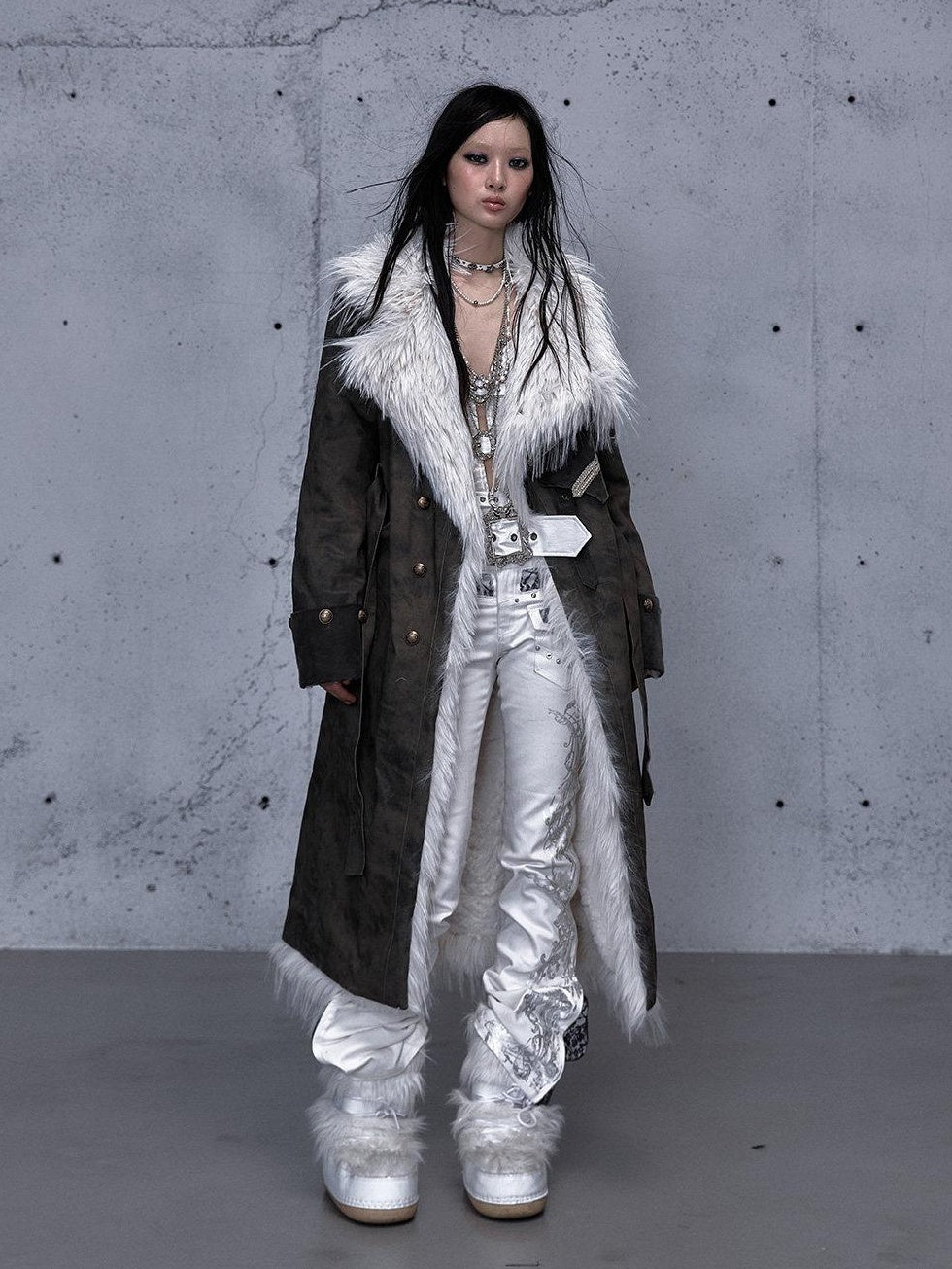 NO ROMANCE Reversible Fur Trim Regal Court Loose Fit Women Black Mint Green Long Coats