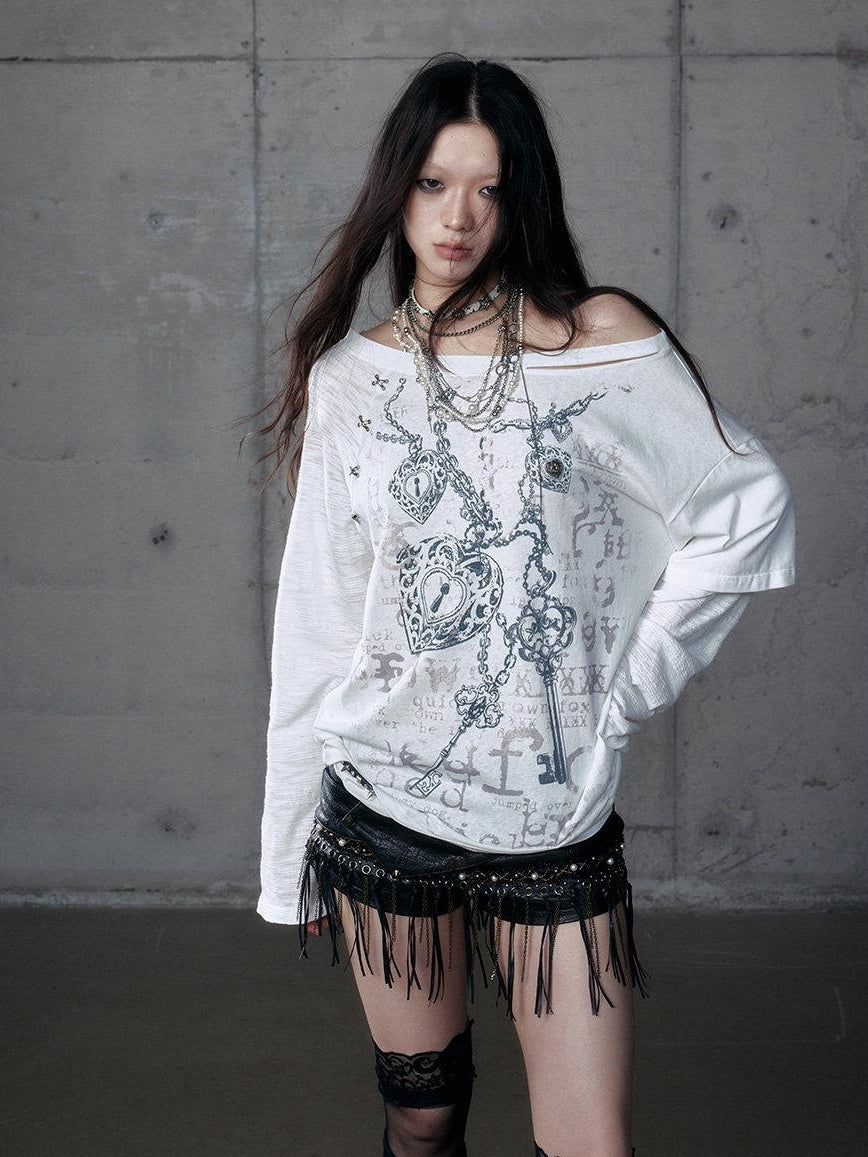 NO ROMANCE Oversized Punk Graphic Boat Neck Womens Print Long Sleeve T-Shirts