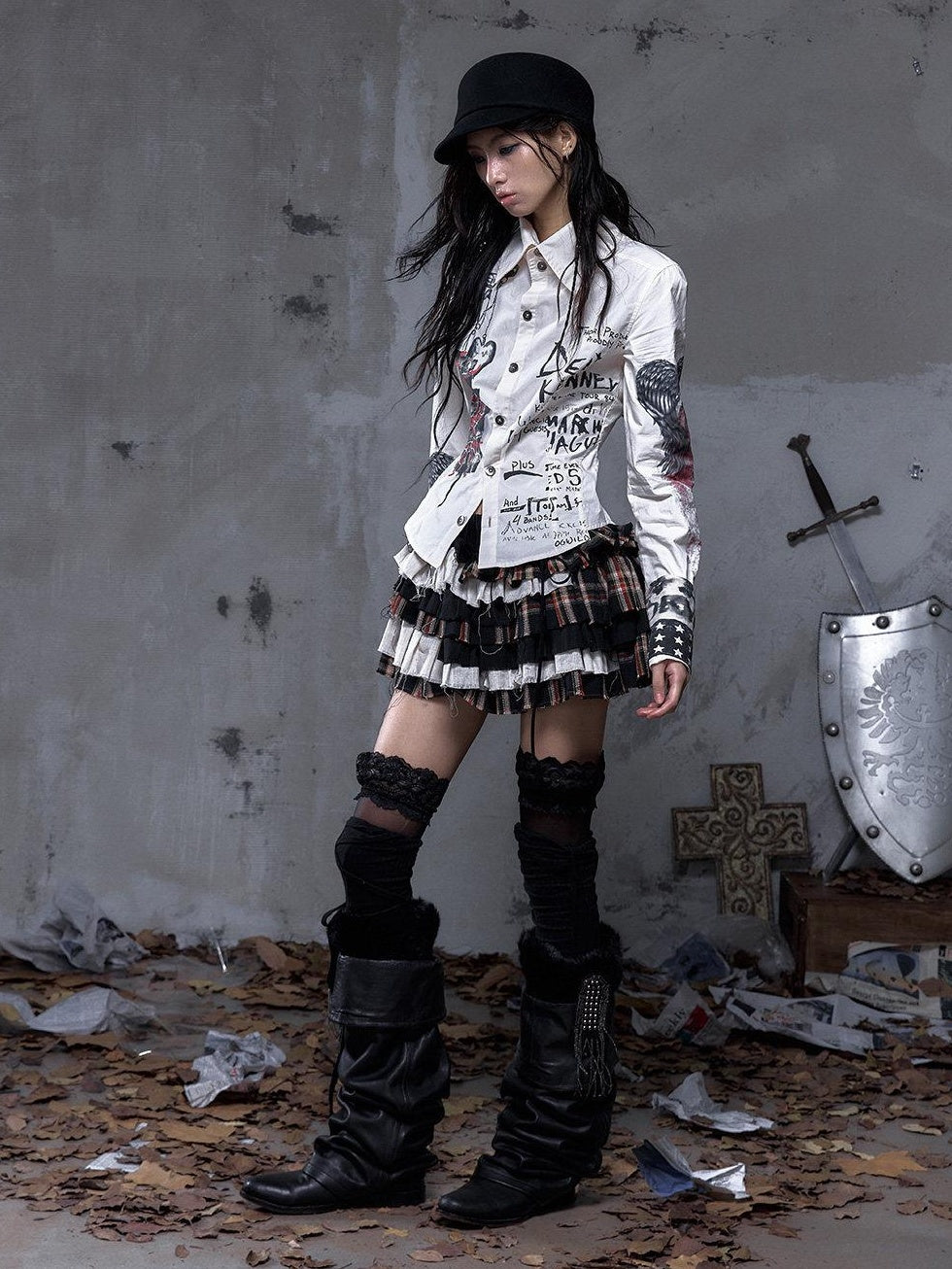 NO ROMANCE Layered Low Waist Punk Cake Skirt Loose Linen Cotton Youth Citywalk Mini Skirts