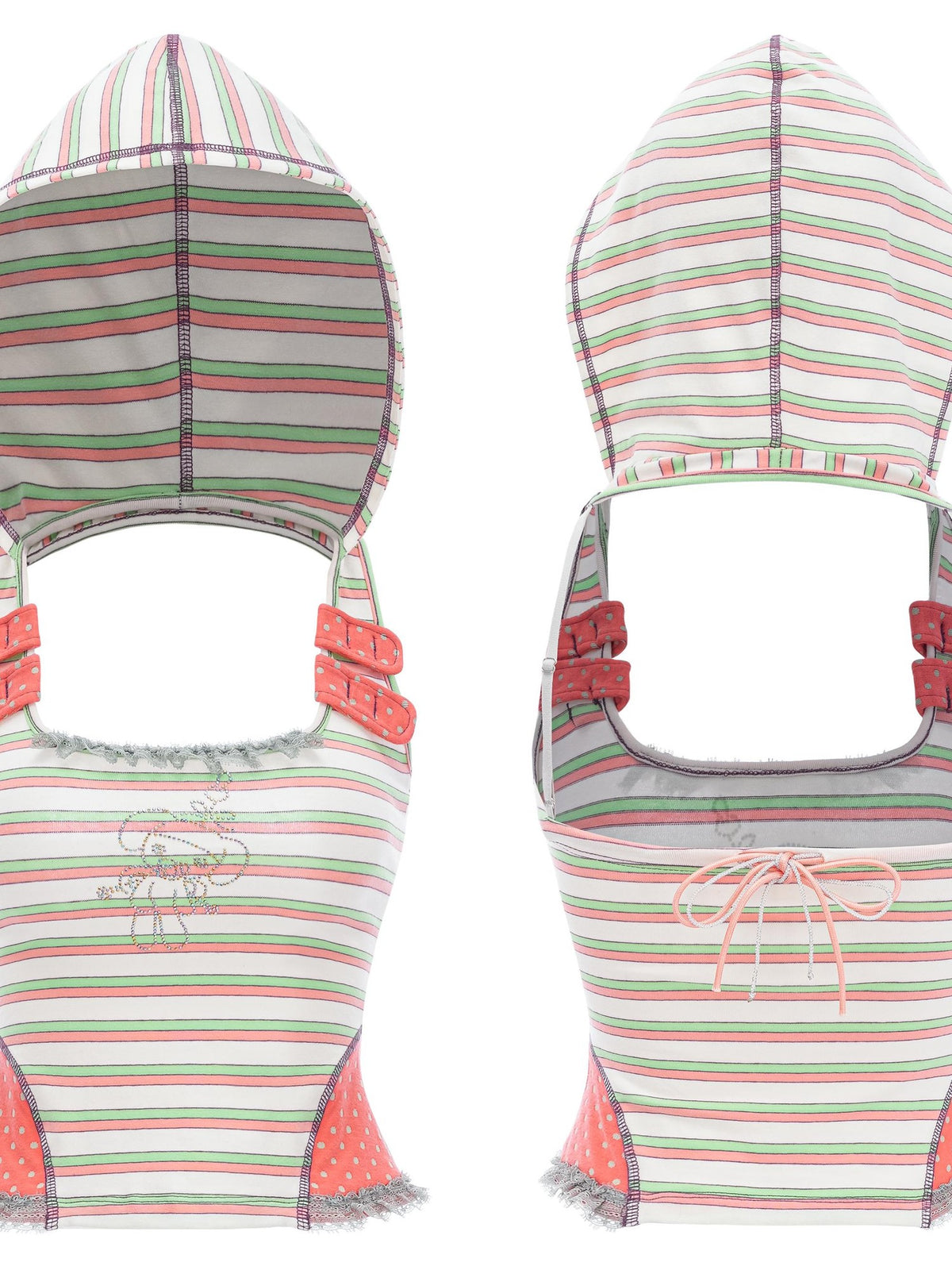 eyeellike Bear Rhinestone Ear Orange Green Striped Lace Open Back Hooded Slim Fit Women's Tank Tops