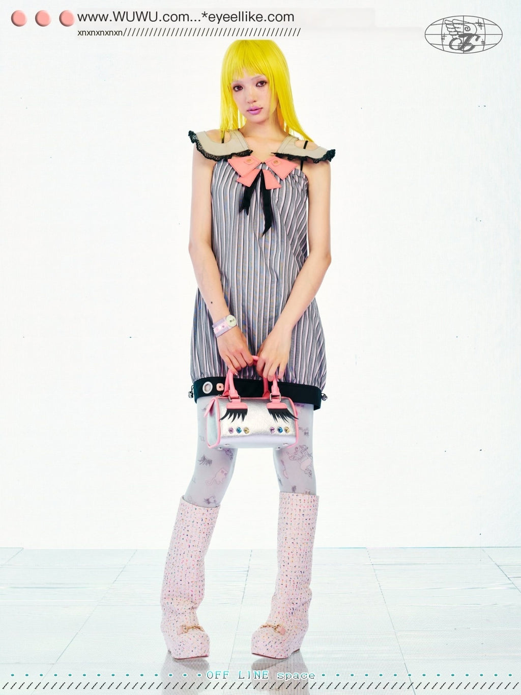 eyeellike_Black_Pink_Striped_Cutout_Doll_Collar_Button_Bow_Women's_Tube_Mini_Dresses_1059367013867_MISSTT