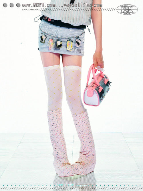 eyeellike Bright Yellow Polka Dot Paper Print Velvet Women's Thigh-high Socks