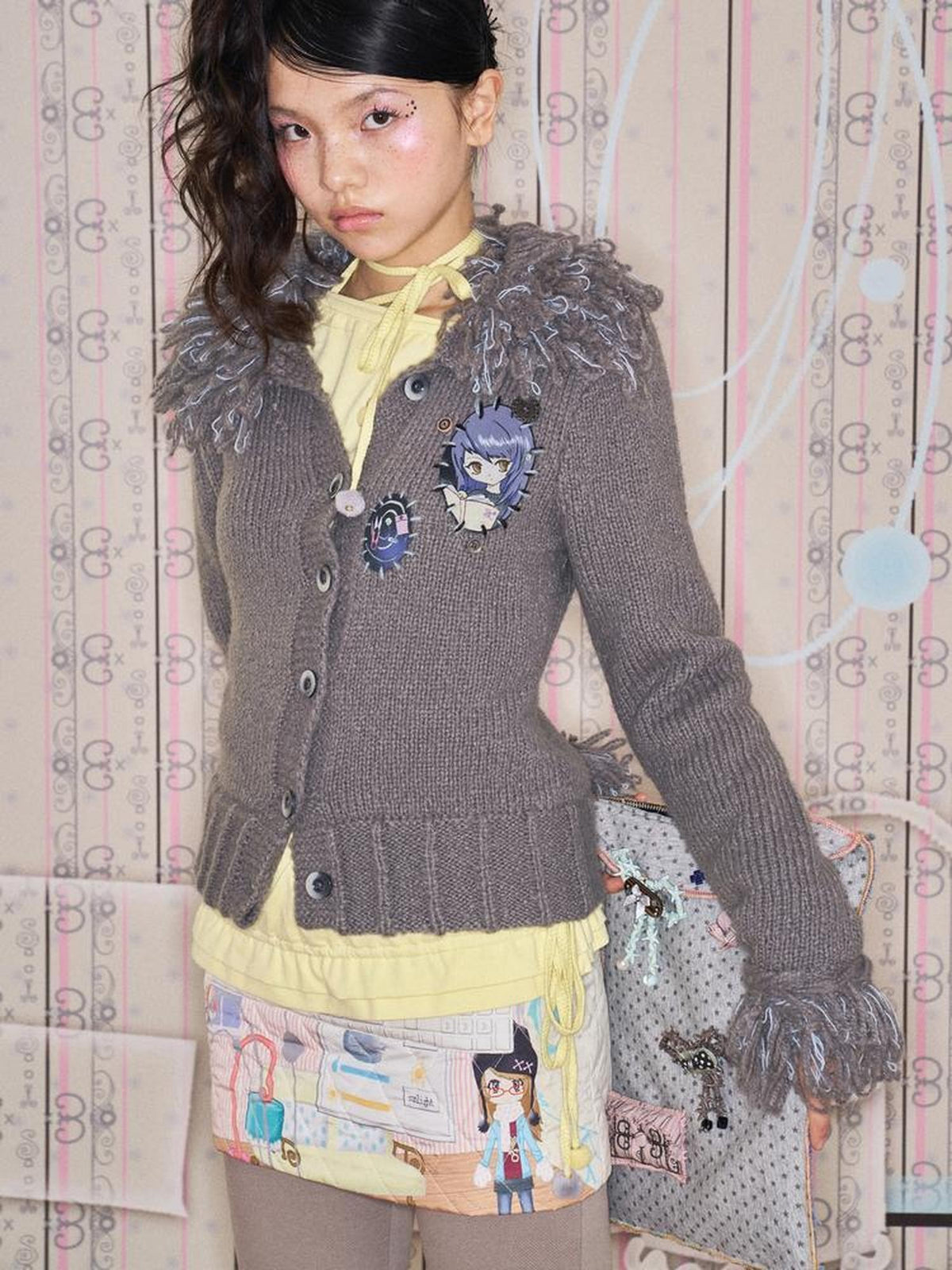 eyeellike Cartoon Print Patch Embroidered Fringe Trim Women's Knit Cardigans