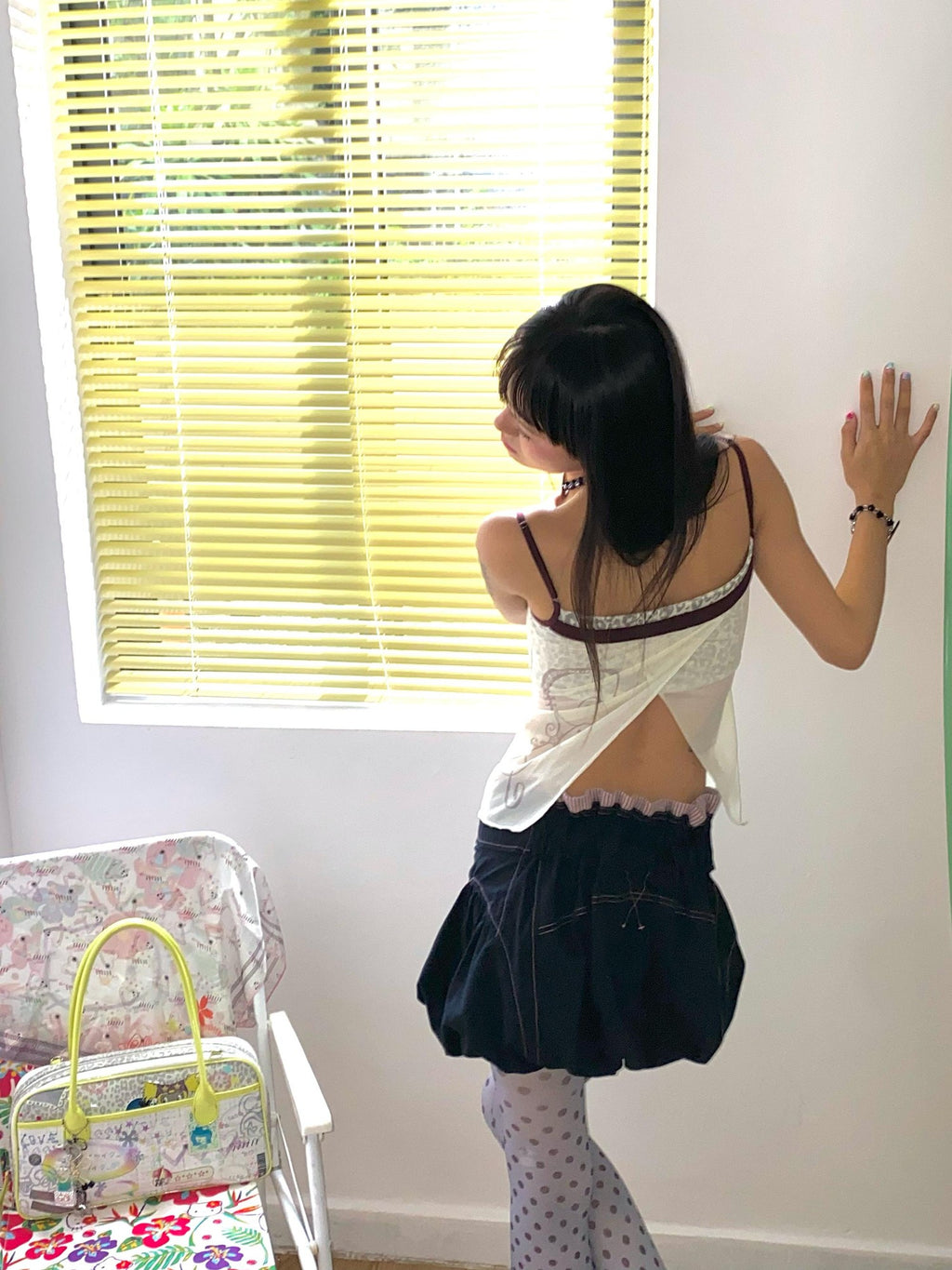 eyeellike Contrast Stitch Patchwork Navy Bubble Hem Women's Cotton Mini Skirts