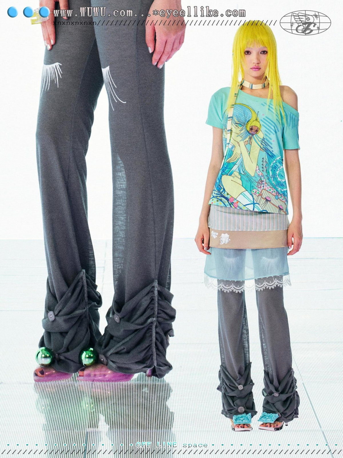 eyeellike Eyelash Print Sheer Knit Low Waist Stacked Button Women's Flare Pants