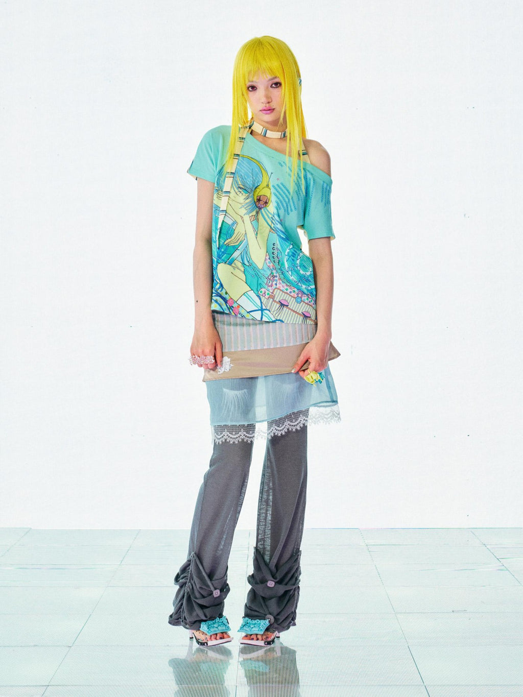 eyeellike Eyelash Print Sheer Knit Low Waist Stacked Button Women's Flare Pants