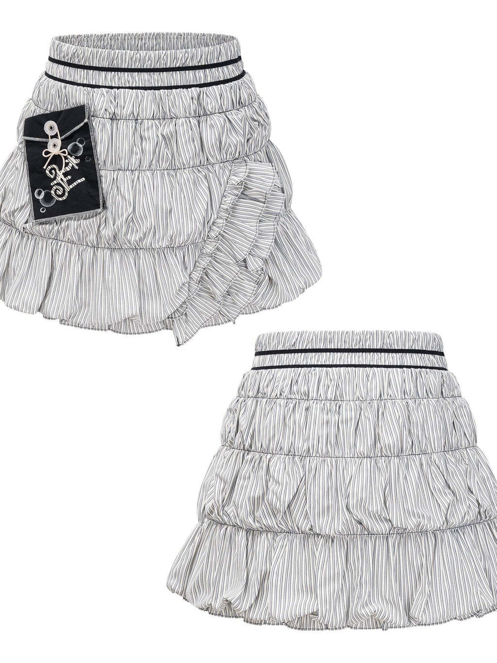 eyeellike Pinstripe Ruffle Trim Pockets Spliced Puffy Women's Midi Skirts