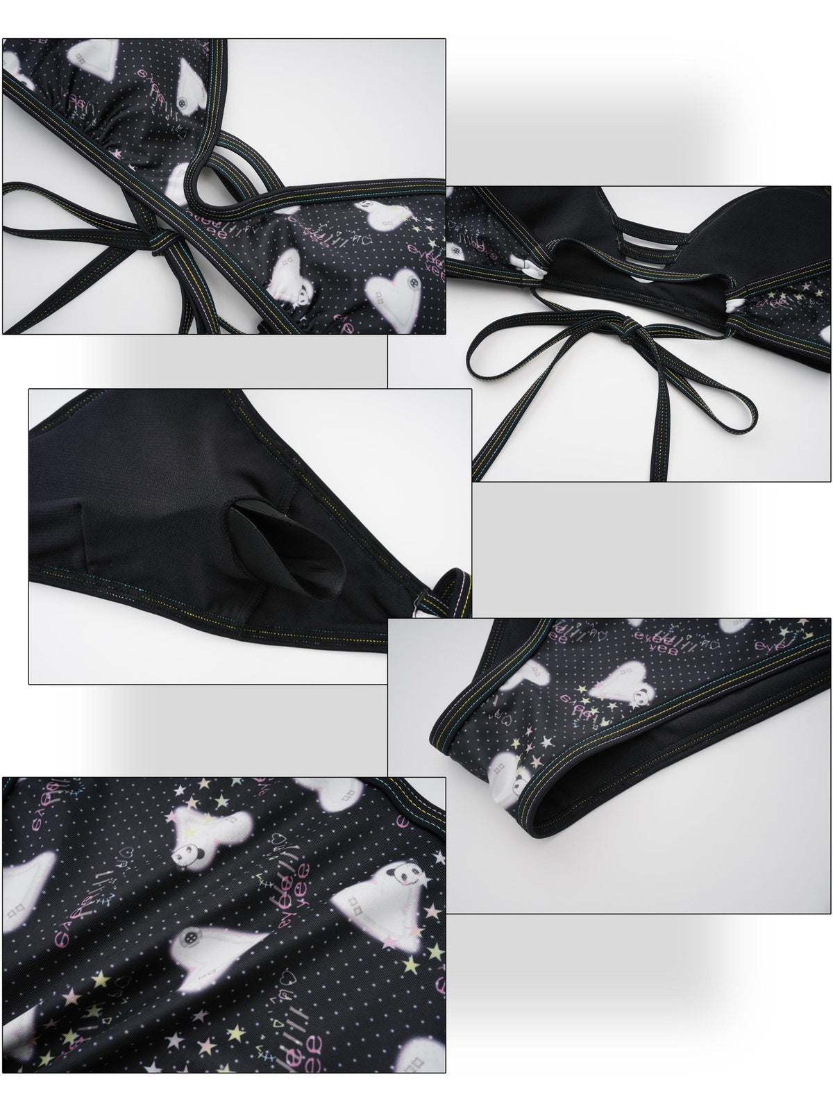 eyeellike Red Panda Heart Print Trim Strappy Cutout Women's Triangle Bikinis