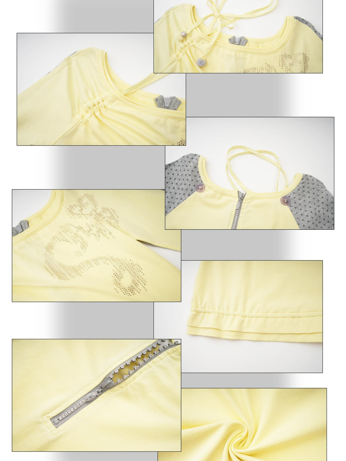 eyeellike Rhinestone Print Asymmetric Neck Drawstring Colorblock Women's Long Sleeve T-shirts