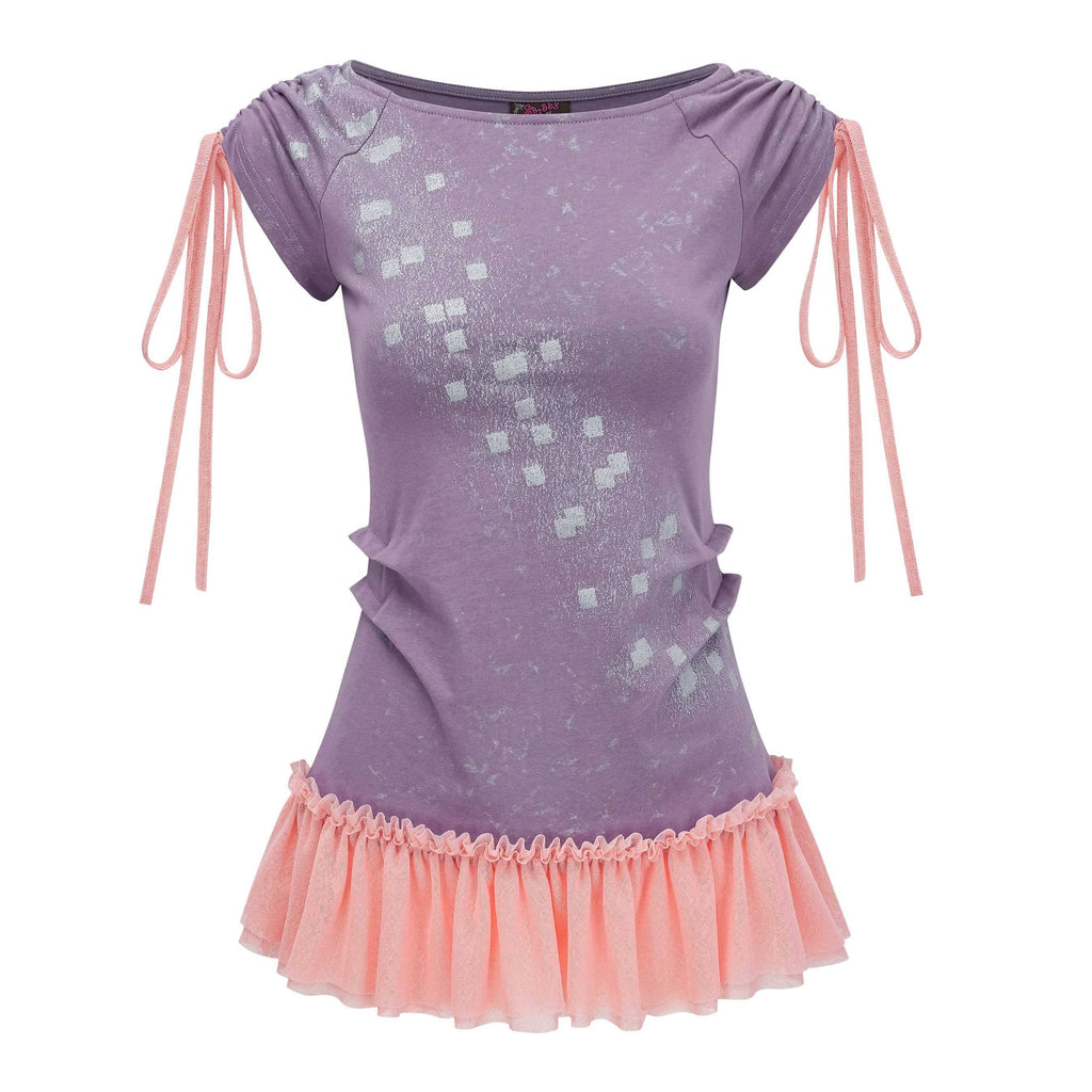 eyeellike_Sparkle_Pixel_Print_Drawstring_Colorblock_Mesh_Lace_Slim_Fit_Women's_Short_Sleeve_T-shirts_1060268856231_MISSTT