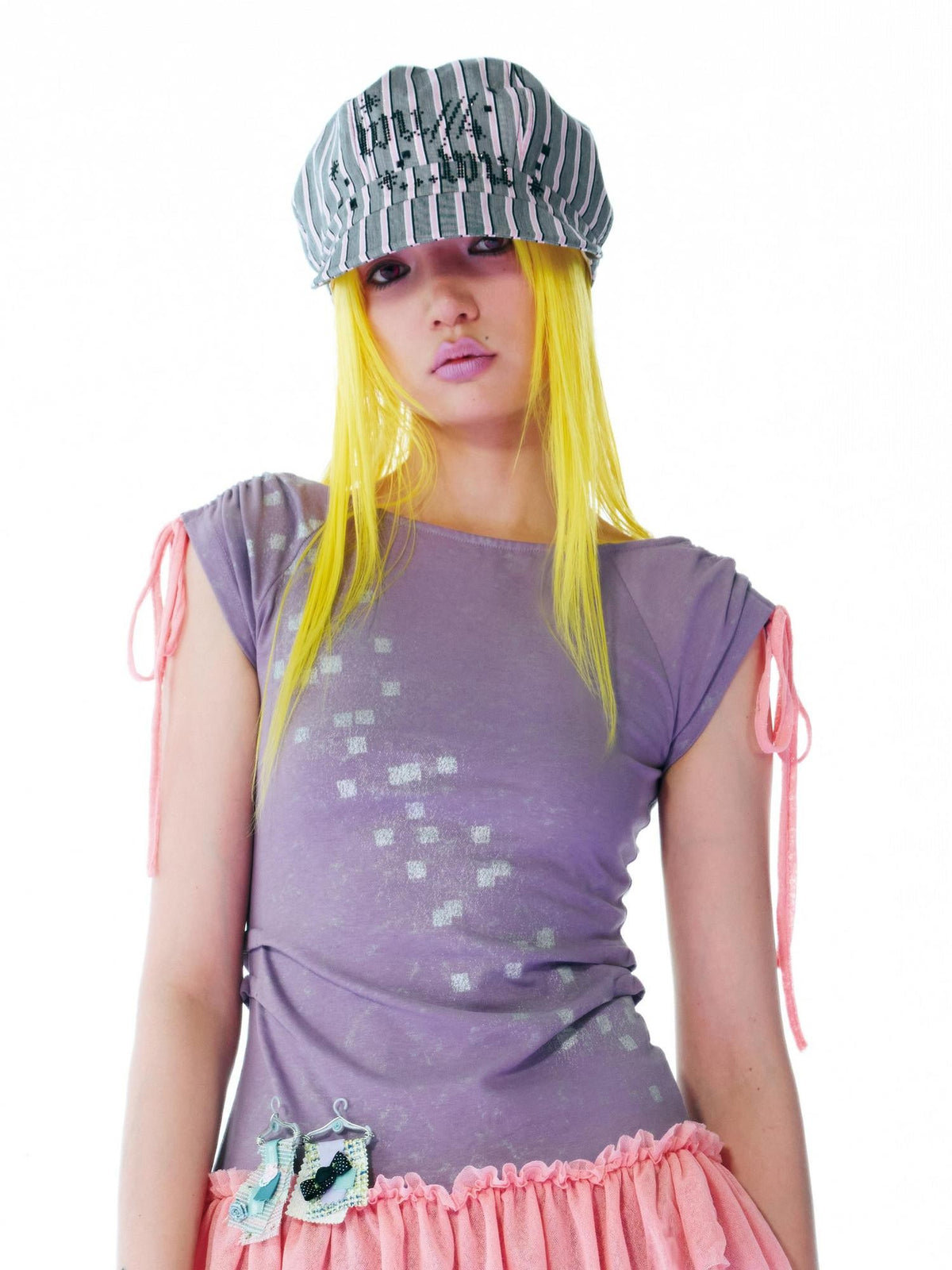 eyeellike Sparkle Pixel Print Drawstring Colorblock Mesh Lace Slim Fit Women's Short Sleeve T-shirts