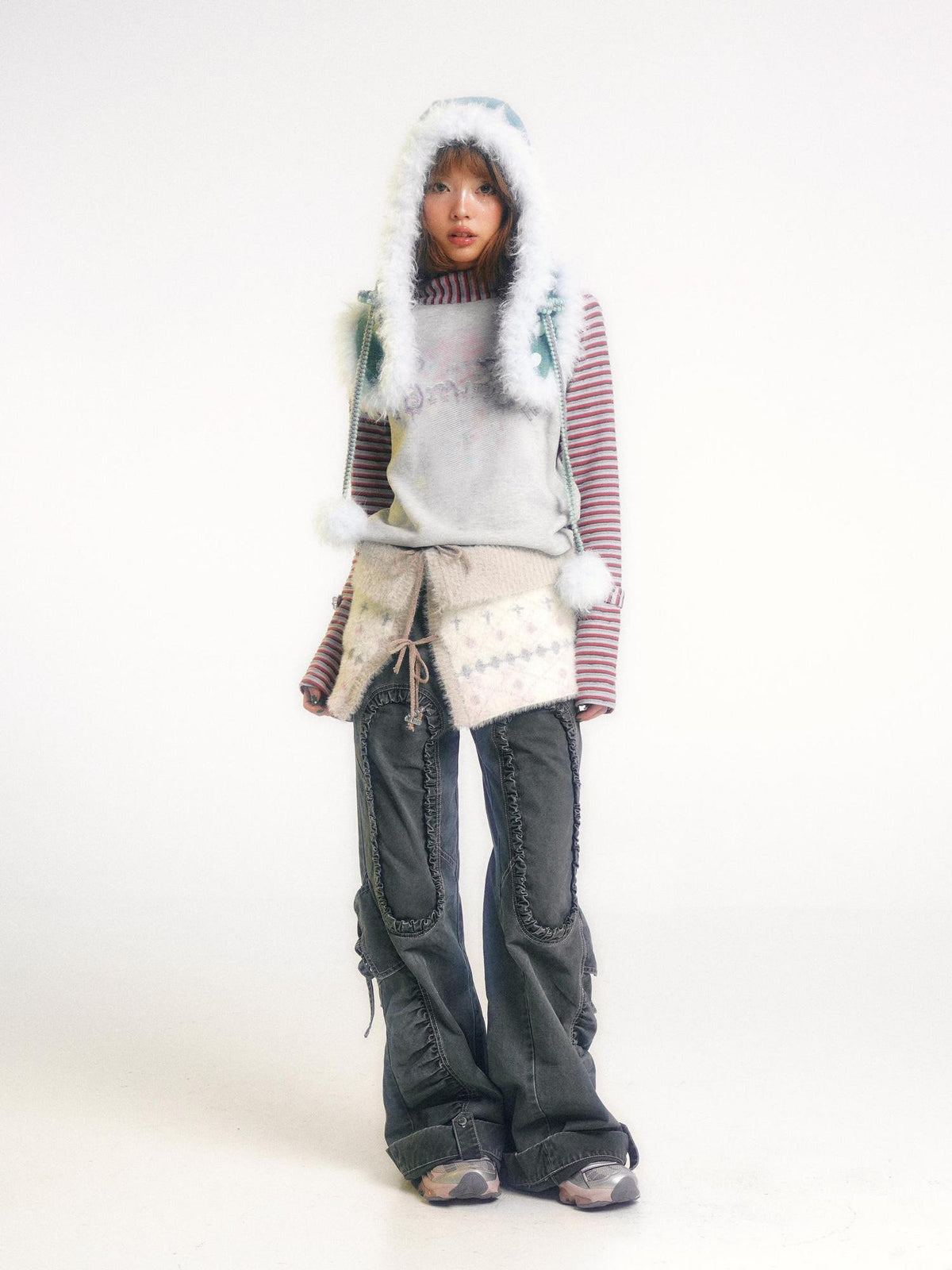 eyeellike Tonal Stitch Pleated Adjustable Drawstring Cotton Women's Flare Pants