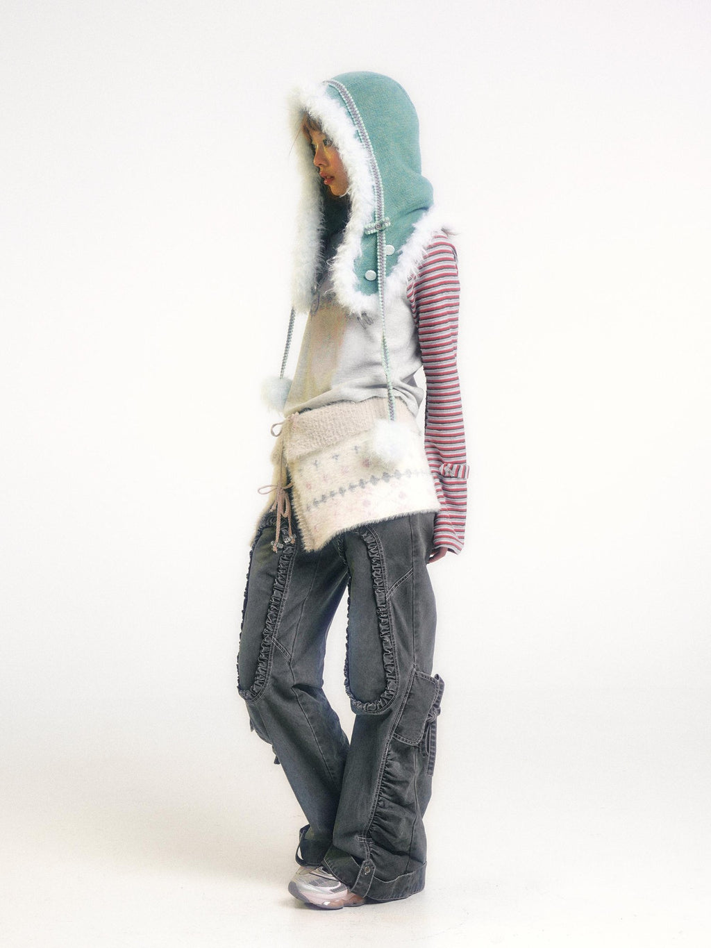 eyeellike Tonal Stitch Pleated Adjustable Drawstring Cotton Women's Flare Pants