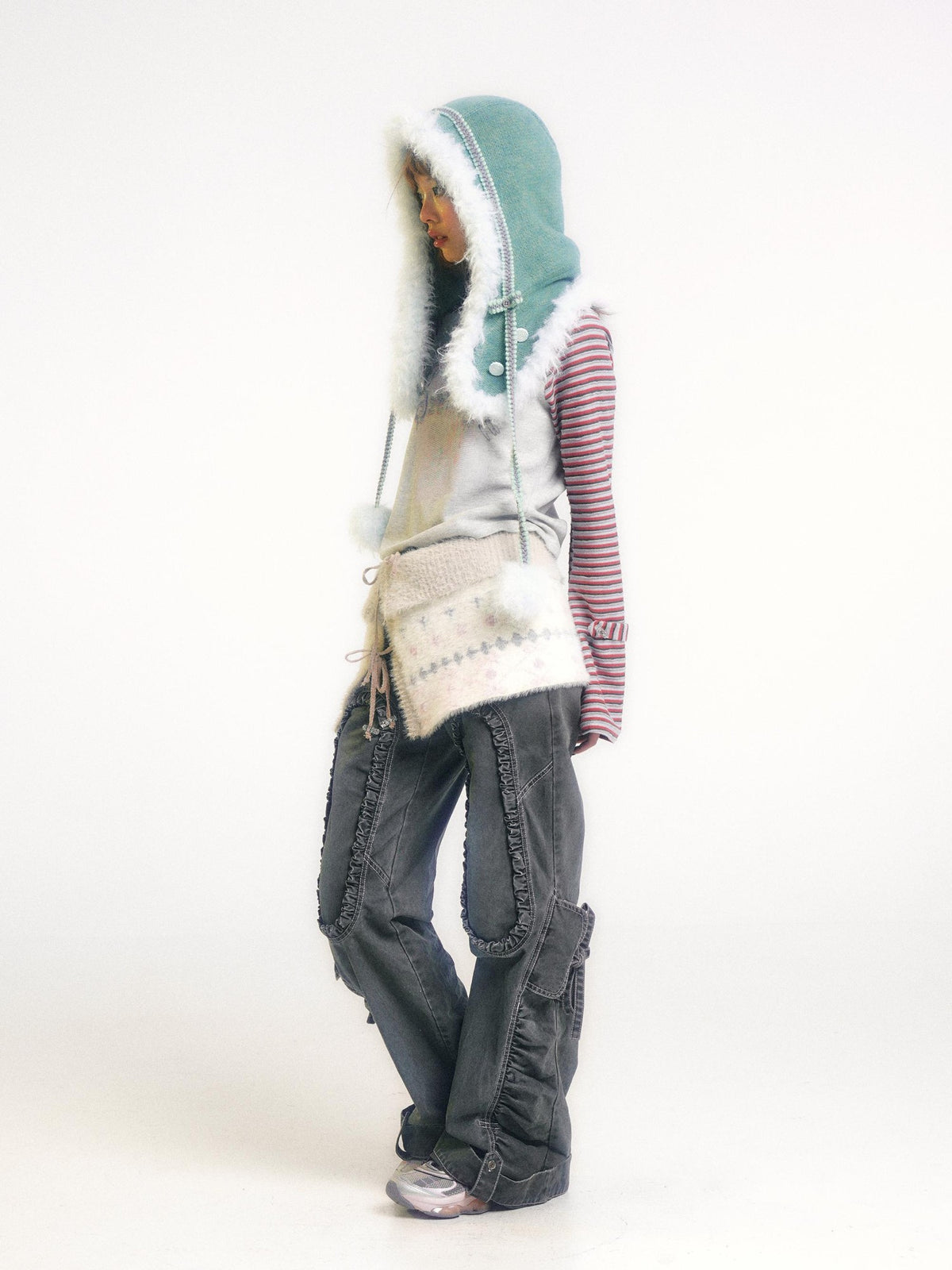 eyeellike Tonal Stitch Pleated Adjustable Drawstring Cotton Women's Flare Pants