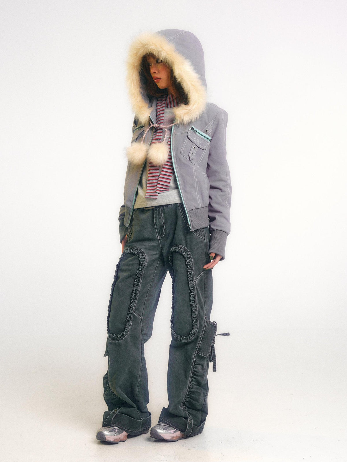 eyeellike Tonal Stitch Pleated Adjustable Drawstring Cotton Women's Flare Pants
