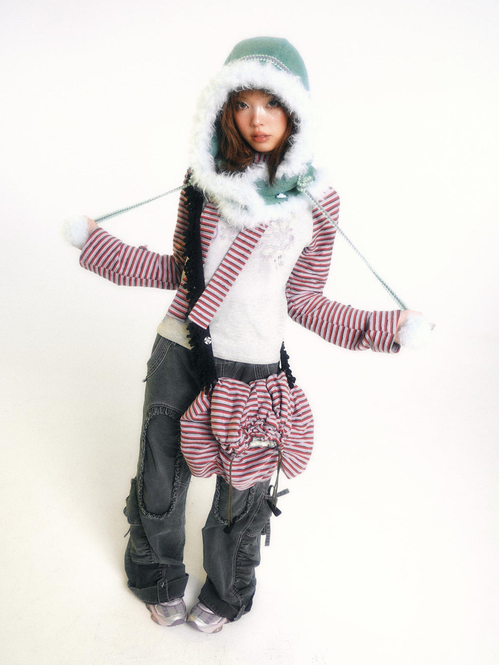 eyeellike Tonal Stitch Pleated Adjustable Drawstring Cotton Women's Flare Pants