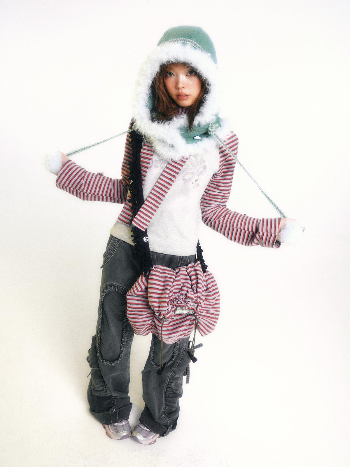 eyeellike Tonal Stitch Pleated Adjustable Drawstring Cotton Women's Flare Pants