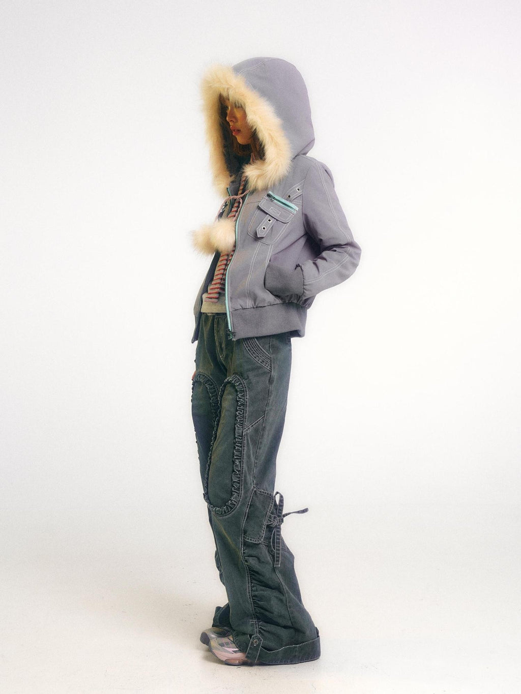 eyeellike Tonal Stitch Pleated Adjustable Drawstring Cotton Women's Flare Pants