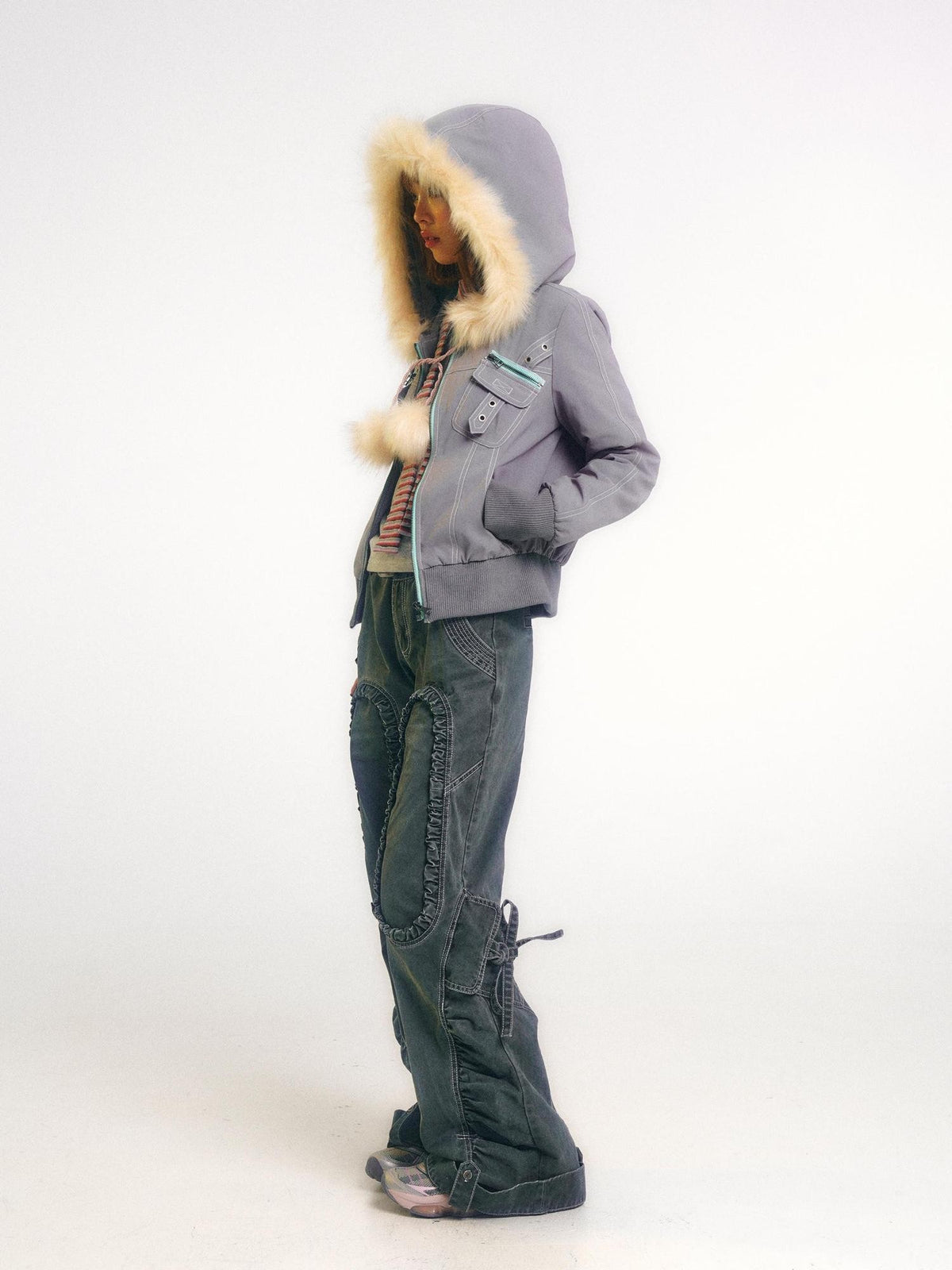 eyeellike Tonal Stitch Pleated Adjustable Drawstring Cotton Women's Flare Pants