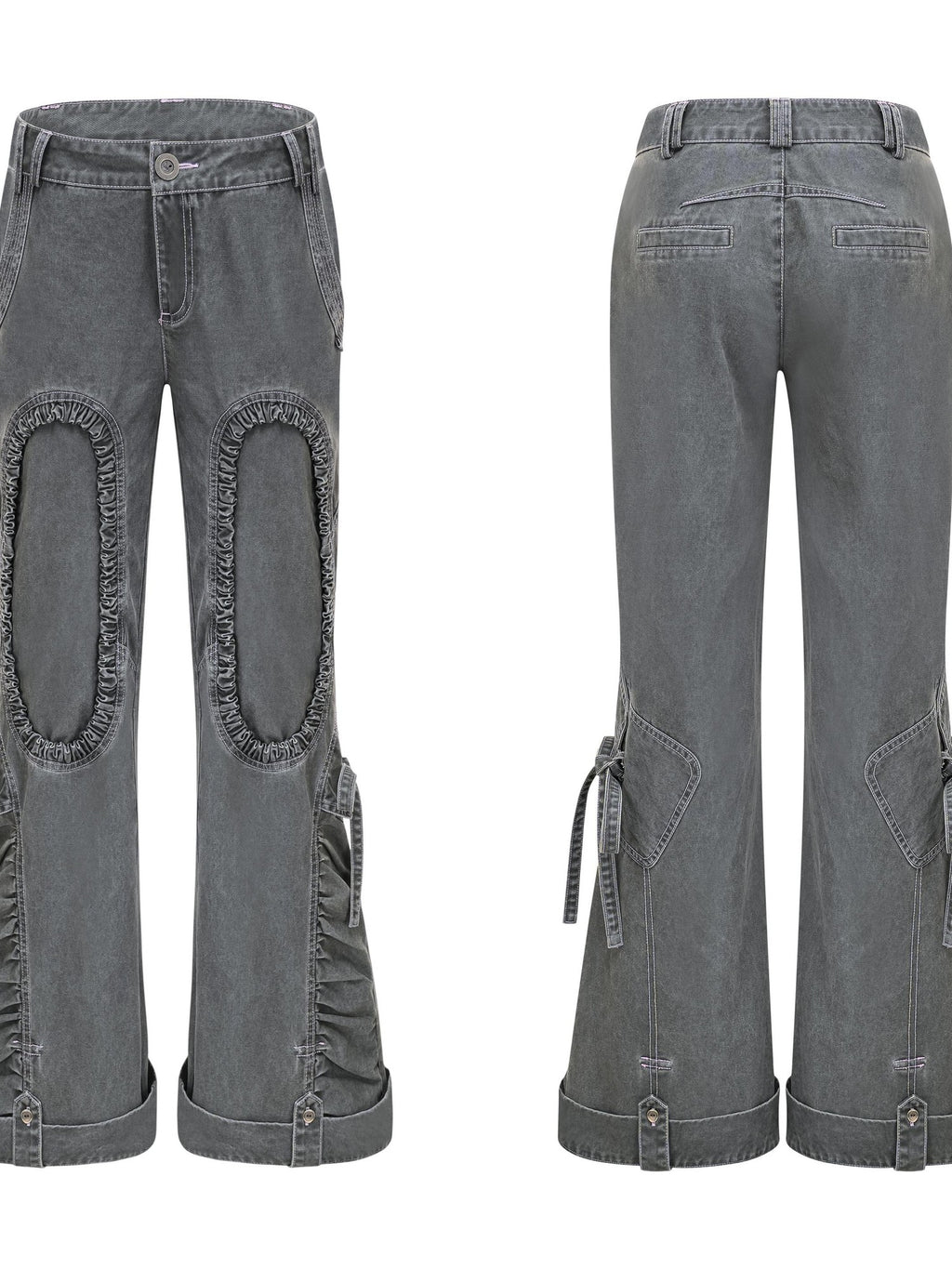 eyeellike Tonal Stitch Pleated Adjustable Drawstring Cotton Women's Flare Pants