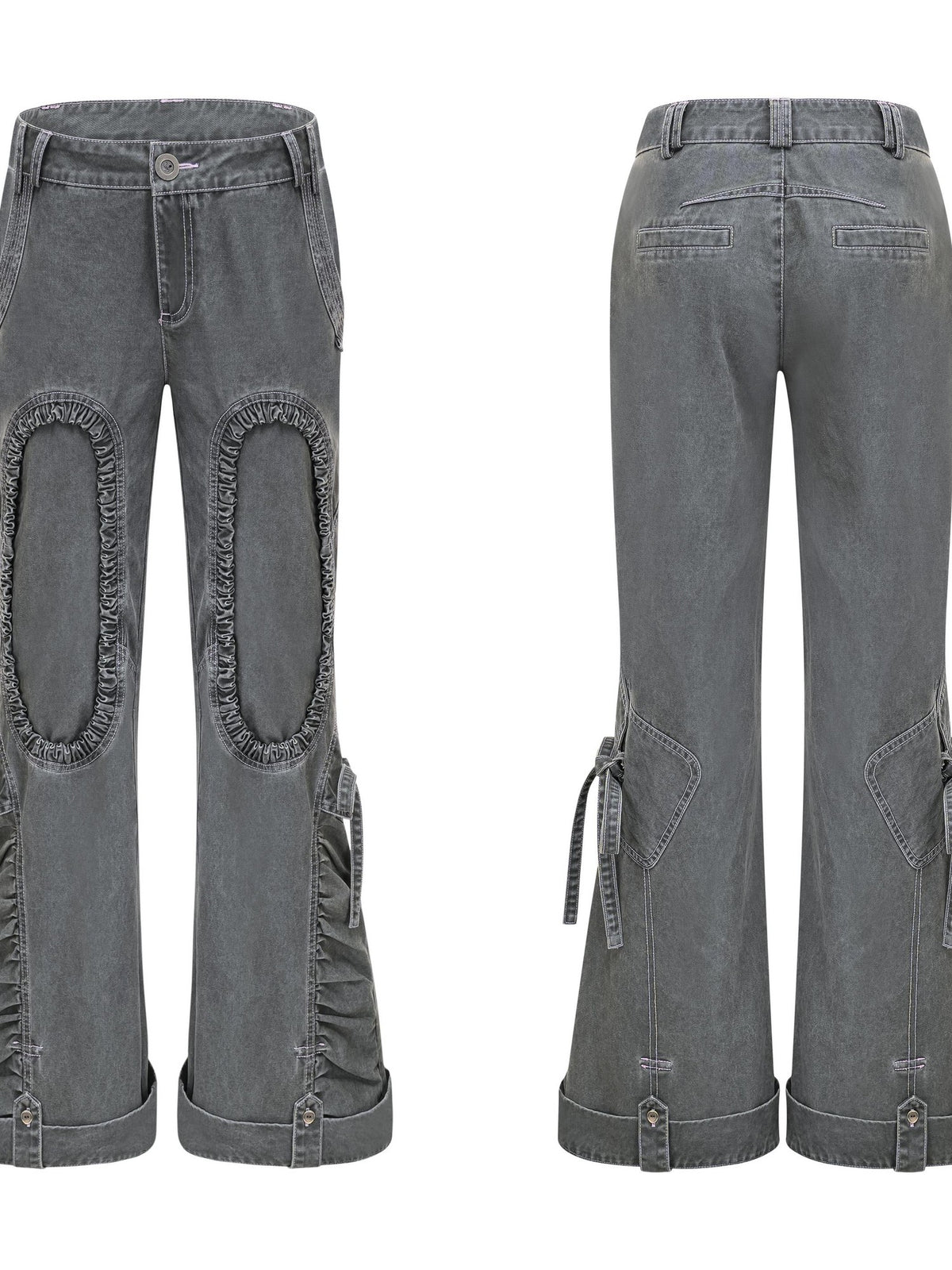 eyeellike Tonal Stitch Pleated Adjustable Drawstring Cotton Women's Flare Pants