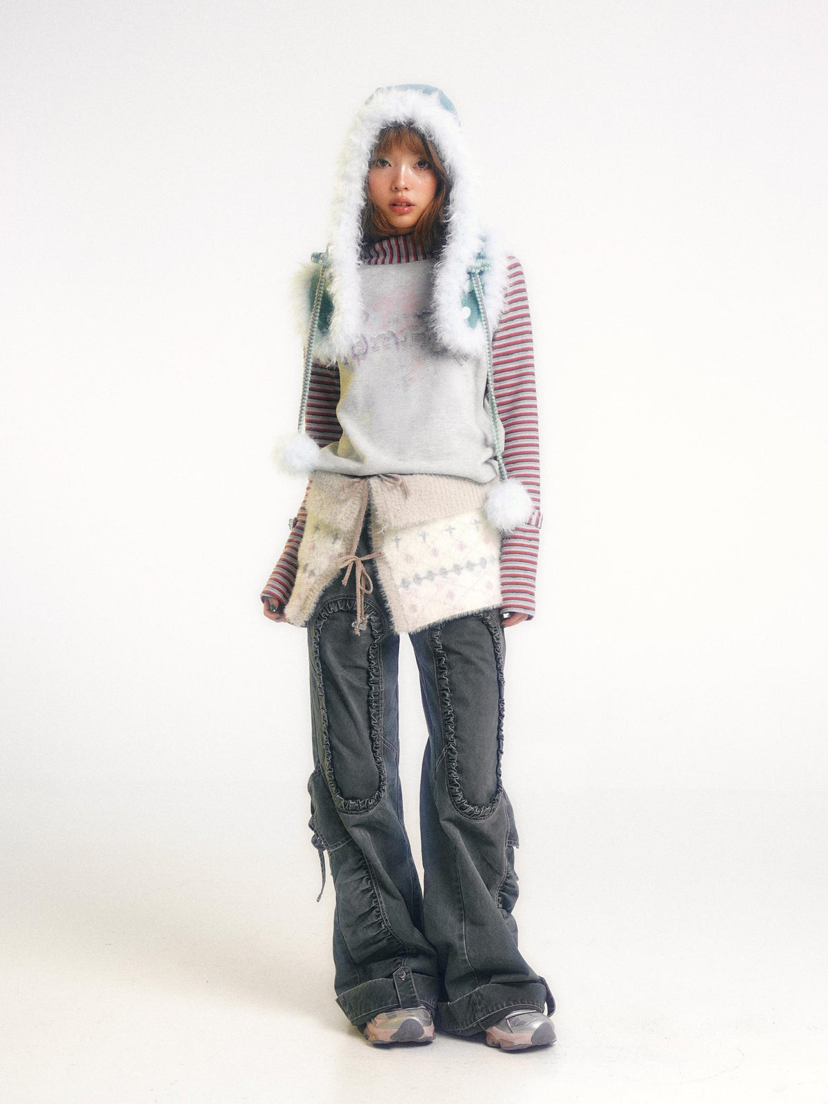 eyeellike Tonal Stitch Pleated Adjustable Drawstring Cotton Women's Flare Pants