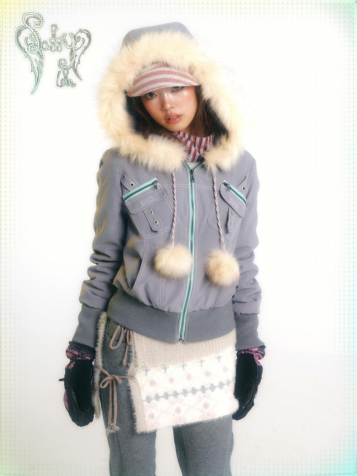 eyeellike Topstitched Pocket Eyelet Zip Fuzzy Hood Women's Padded Puffer Jackets