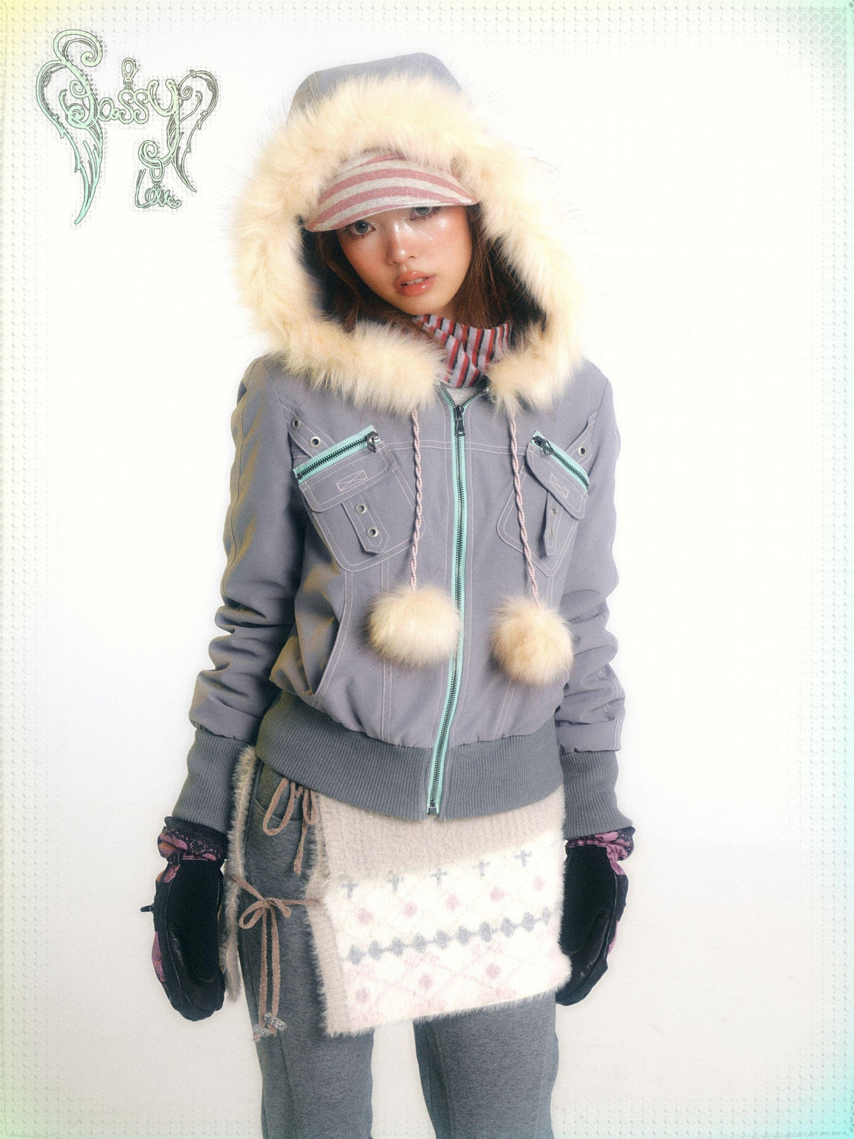 eyeellike Topstitched Pocket Eyelet Zip Fuzzy Hood Women's Padded Puffer Jackets