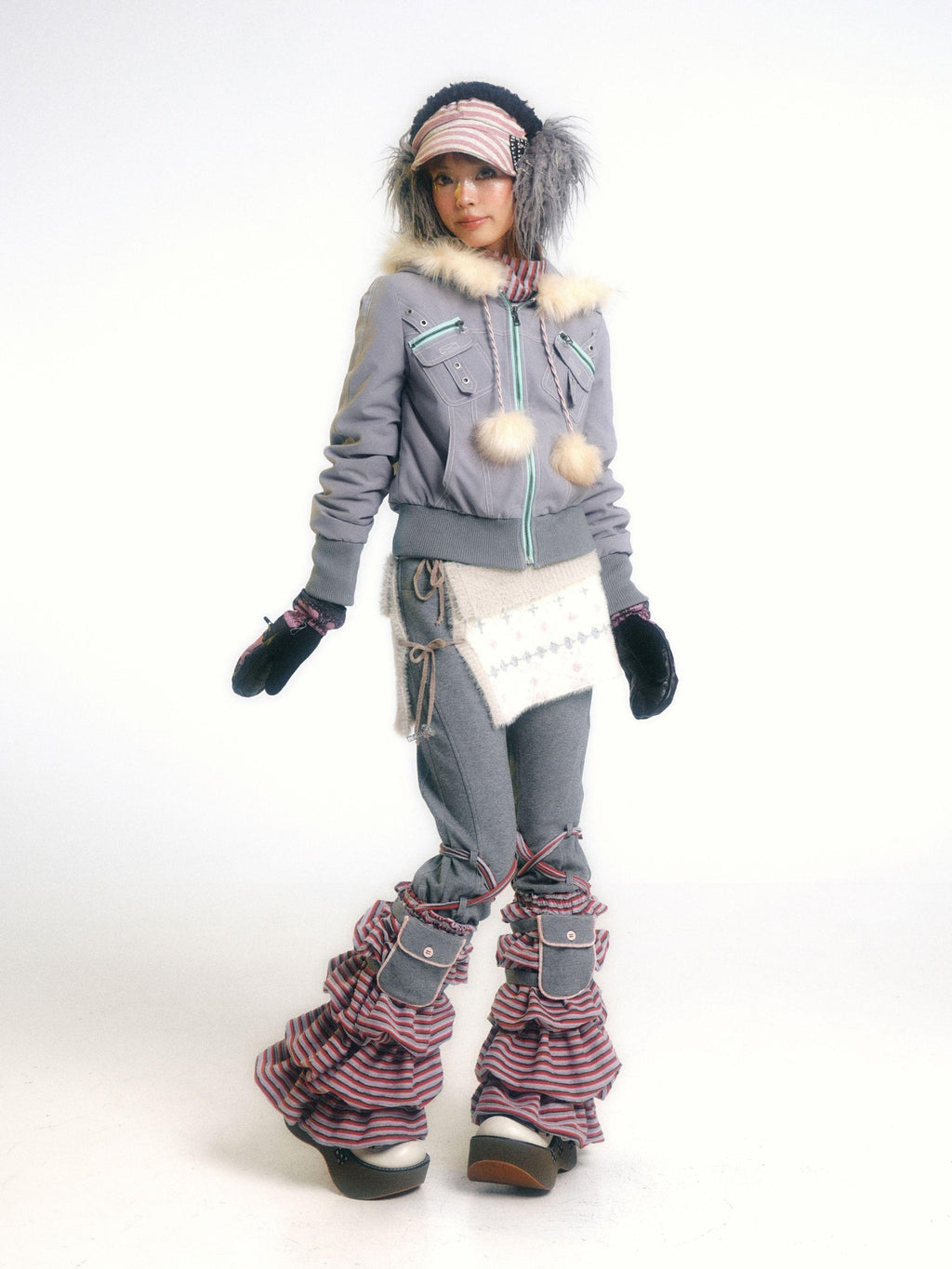 eyeellike Topstitched Pocket Eyelet Zip Fuzzy Hood Women's Padded Puffer Jackets