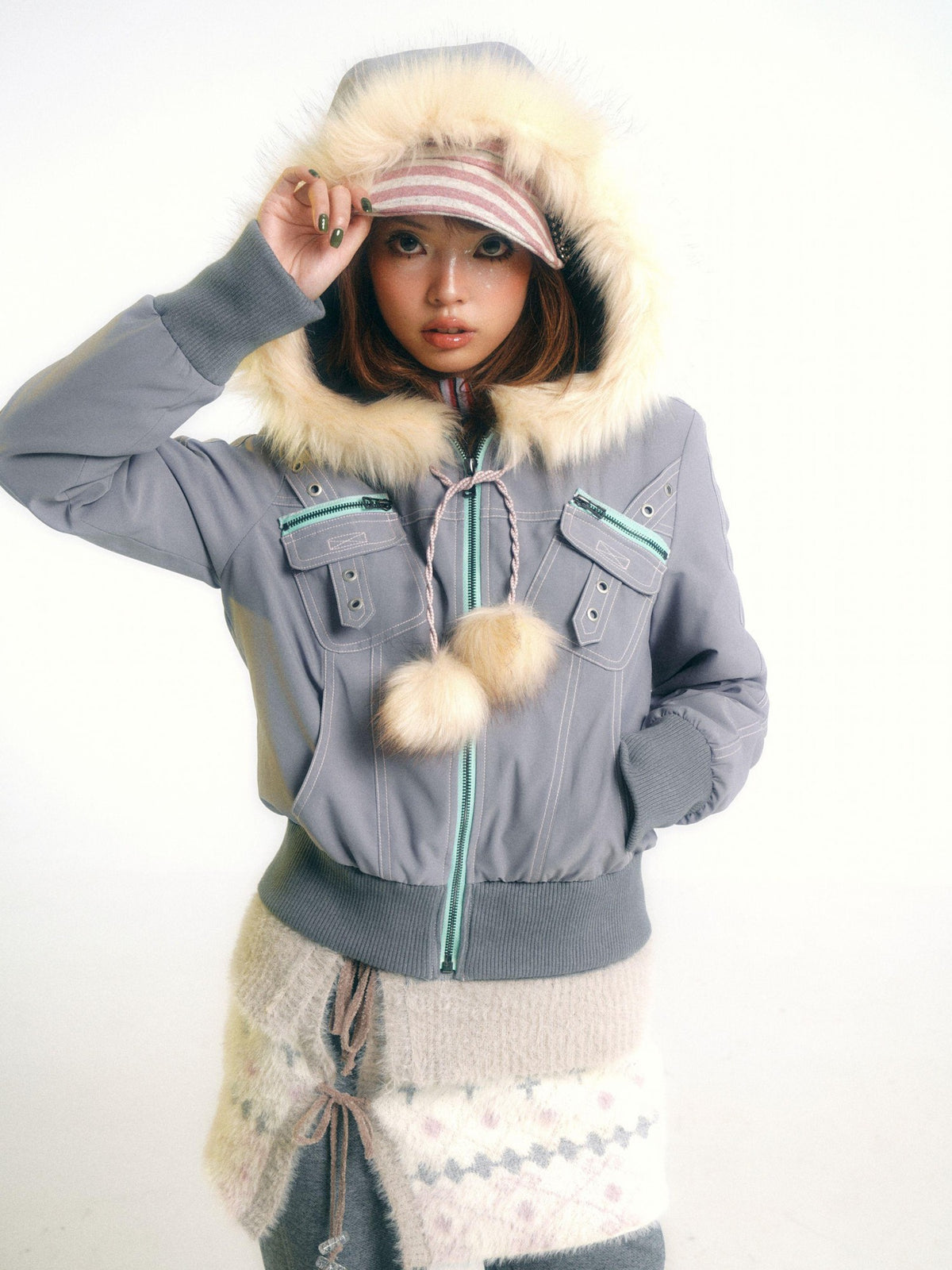 eyeellike Topstitched Pocket Eyelet Zip Fuzzy Hood Women's Padded Puffer Jackets