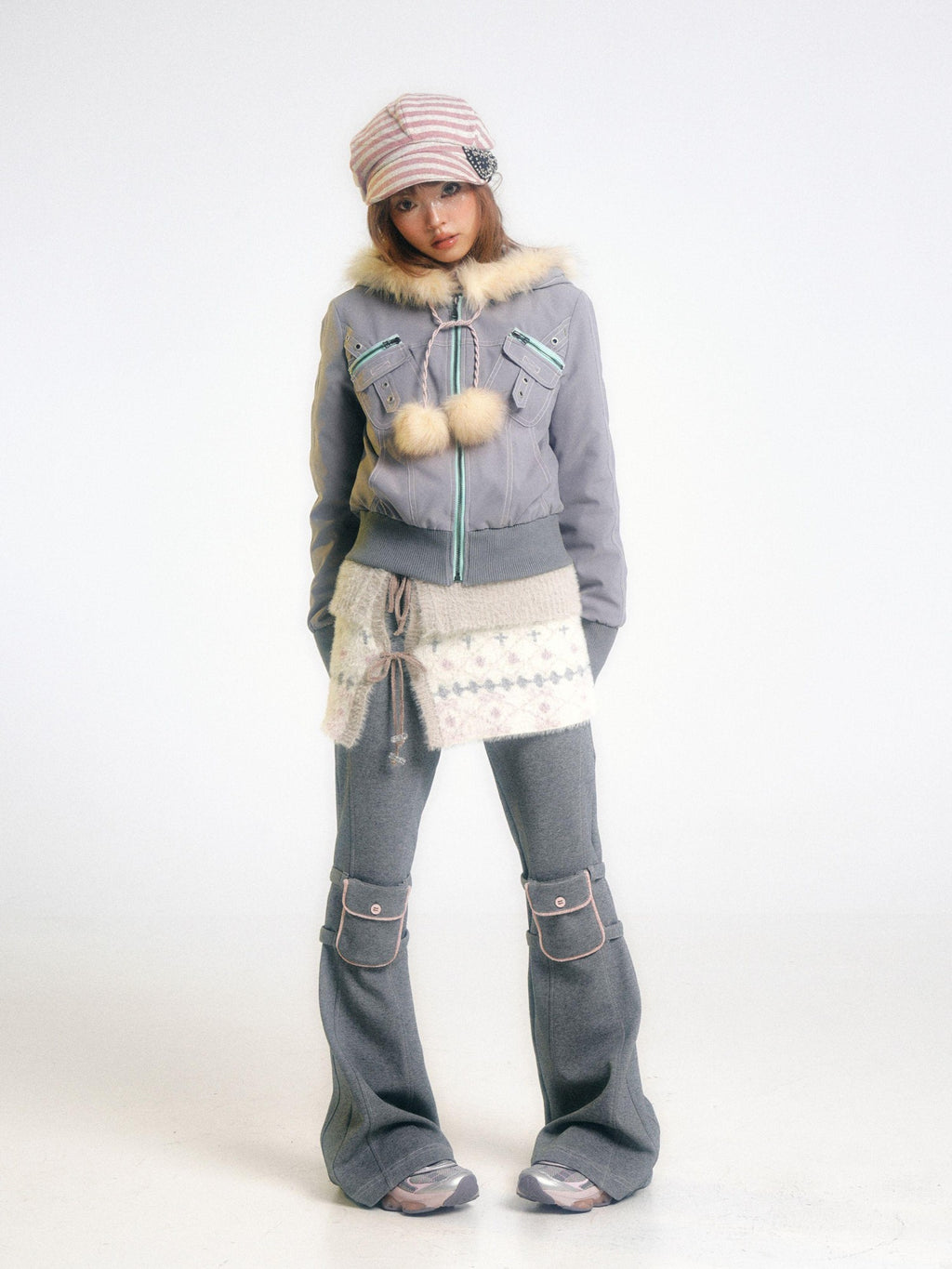 eyeellike Topstitched Pocket Eyelet Zip Fuzzy Hood Women's Padded Puffer Jackets