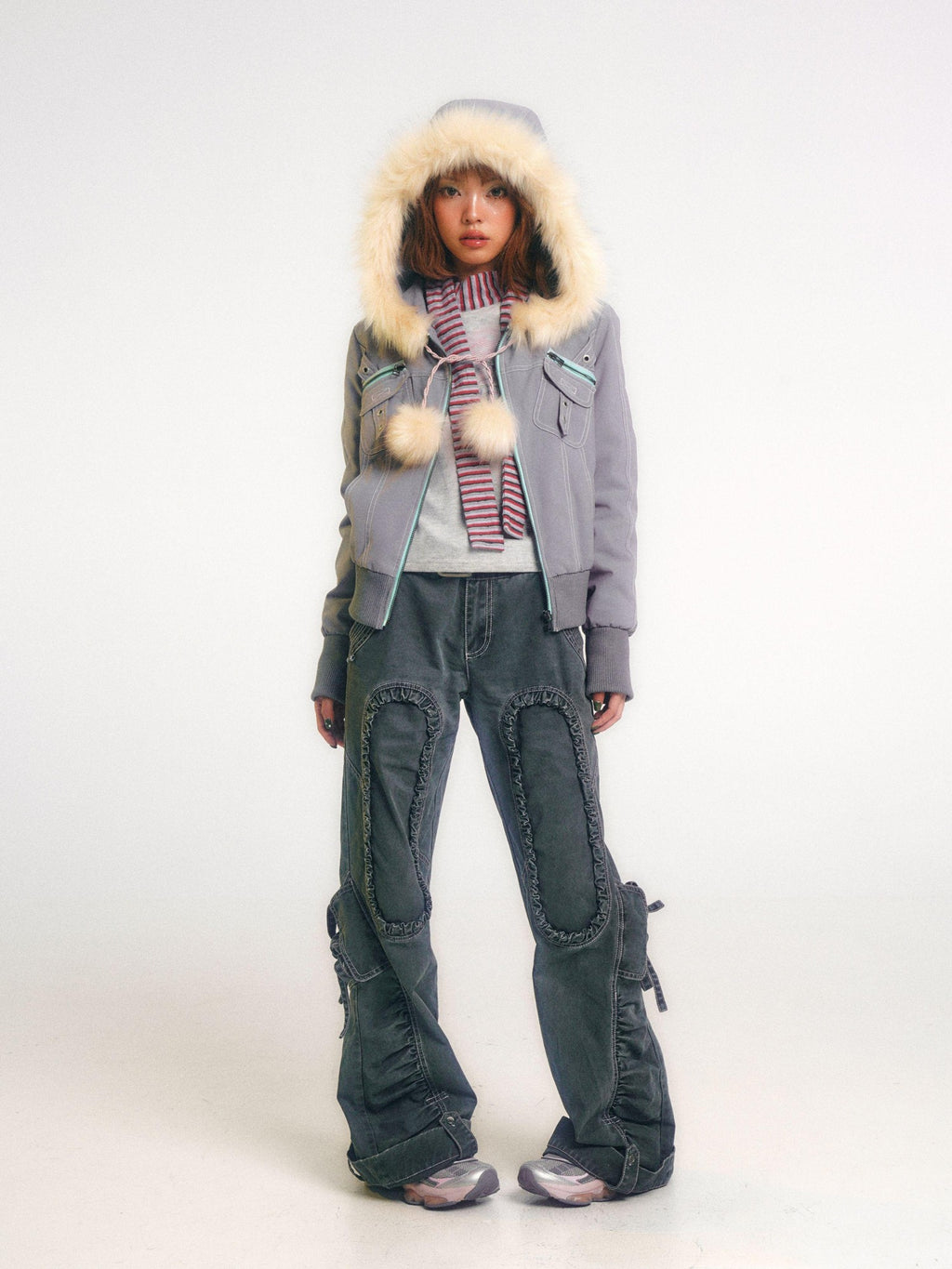 eyeellike Topstitched Pocket Eyelet Zip Fuzzy Hood Women's Padded Puffer Jackets