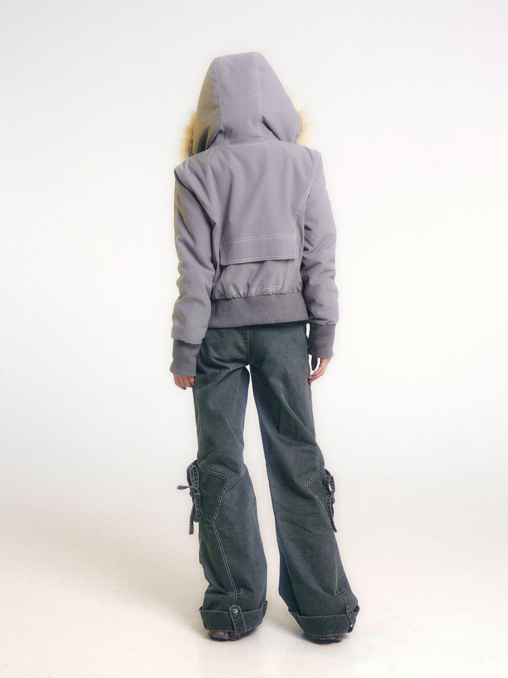 eyeellike Topstitched Pocket Eyelet Zip Fuzzy Hood Women's Padded Puffer Jackets