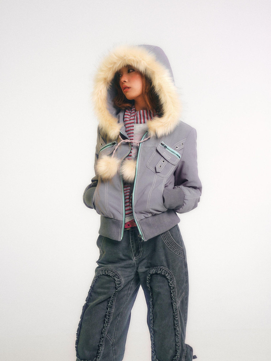 eyeellike Topstitched Pocket Eyelet Zip Fuzzy Hood Women's Padded Puffer Jackets