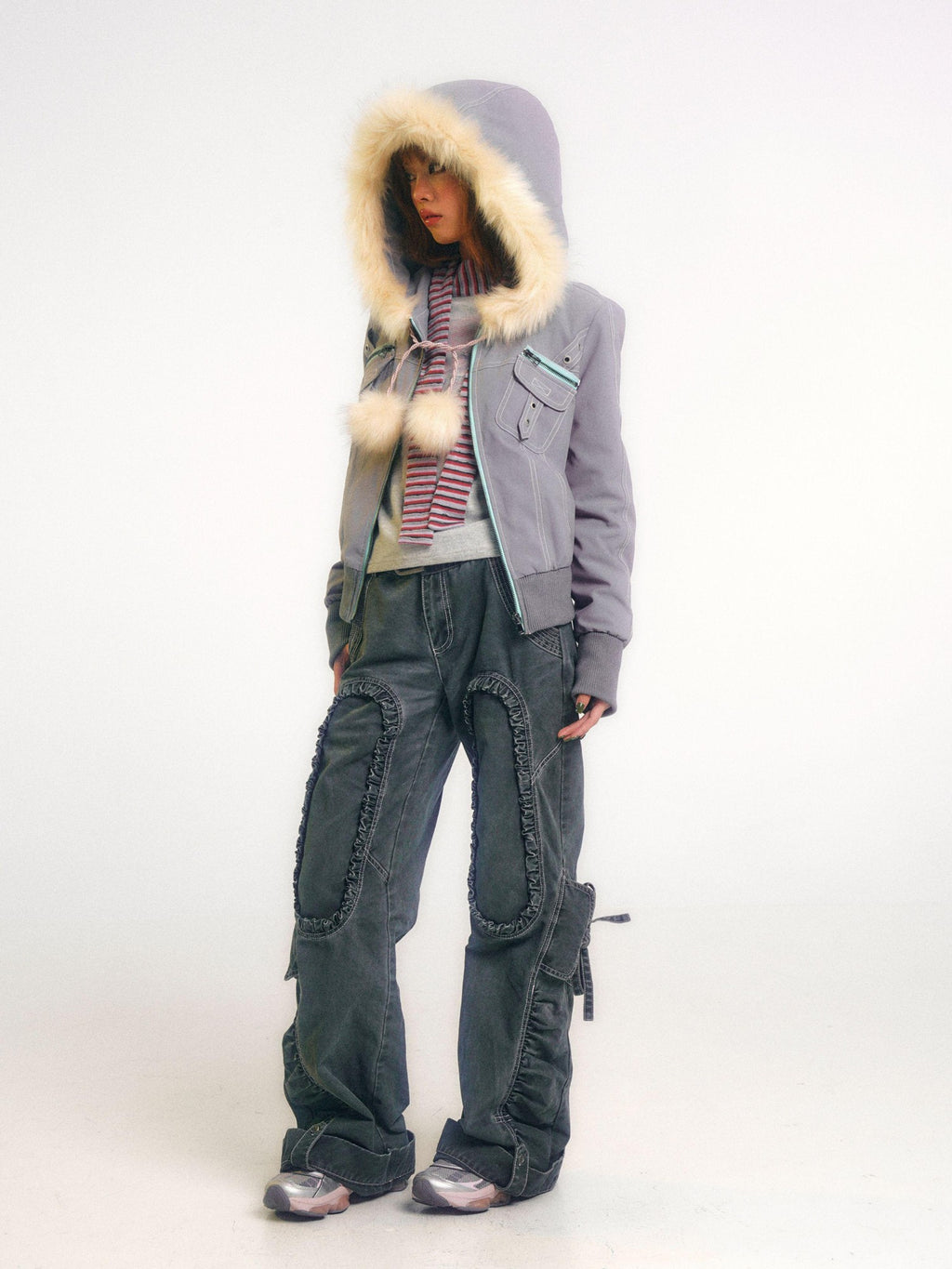 eyeellike Topstitched Pocket Eyelet Zip Fuzzy Hood Women's Padded Puffer Jackets