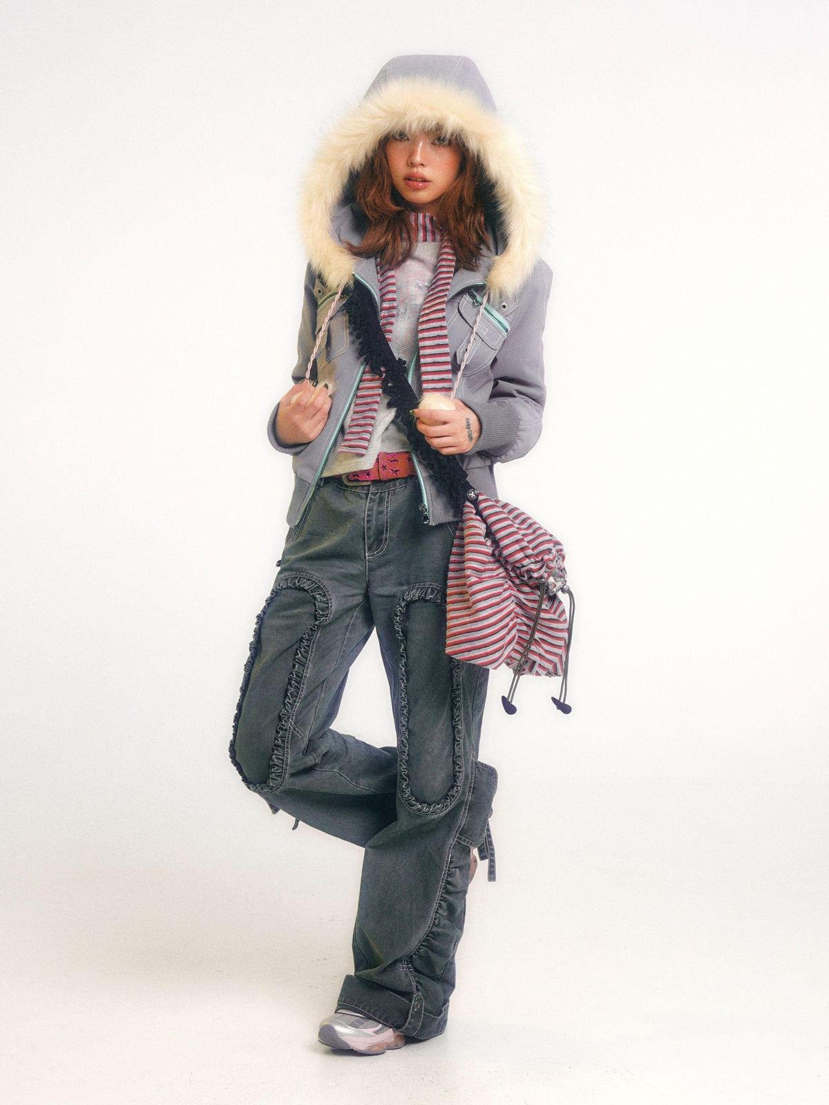 eyeellike Topstitched Pocket Eyelet Zip Fuzzy Hood Women's Padded Puffer Jackets