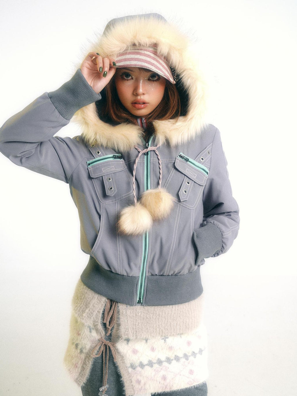 eyeellike Topstitched Pocket Eyelet Zip Fuzzy Hood Women's Padded Puffer Jackets