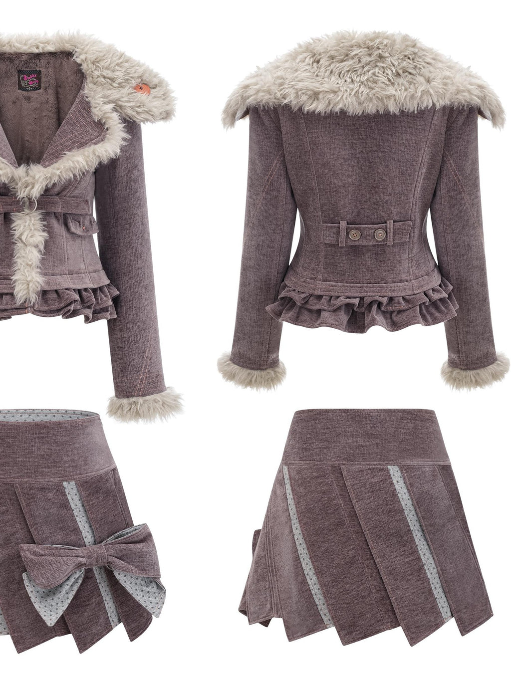 eyeellike Vintage Grey Purple Chenille Fleece Spliced Slim Fit Women's Matching Skirt Sets