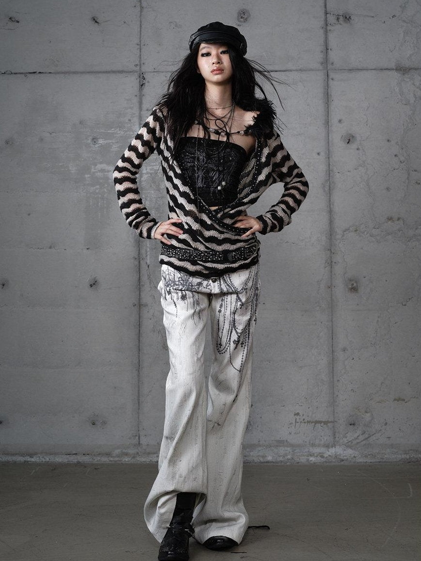 NO ROMANCE Dyed Punk Washed White Loose Fit Natural Waist Cotton Women Wide-Leg Jeans