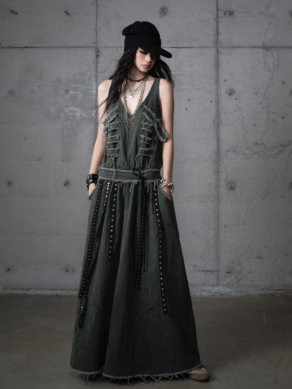 NO ROMANCE Washed Grunge Green Pocketed Punk A Line Loose V-neck Women Casual Midi Dresses