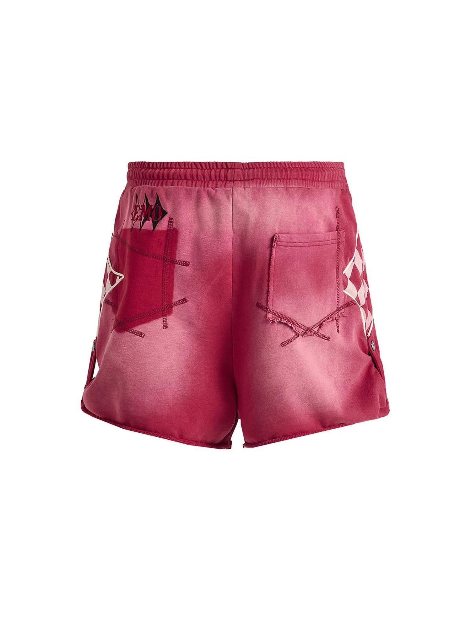 EMOBROTHER Pure Cotton Embroidery Relaxed Midrise Pockets Text Red Blue Short Trousers