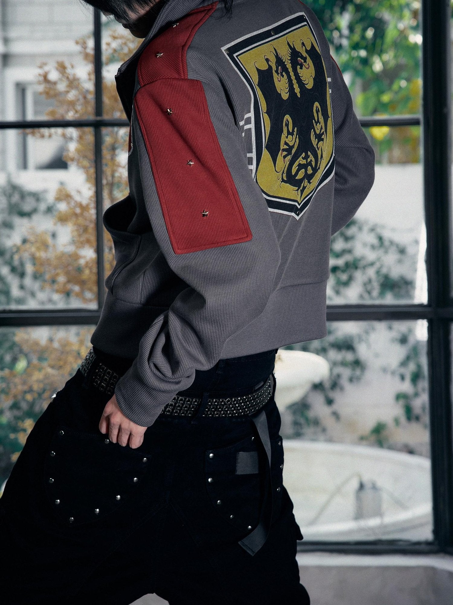 PAIKI Slim Digital Star Print Patchwork Zip Short Stand Collar Unisex Sweatshirts